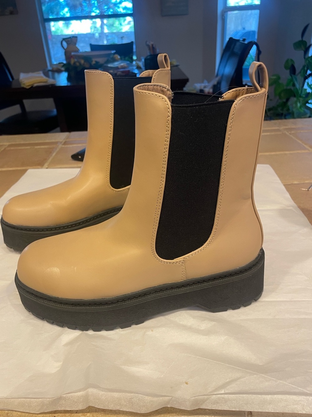 Ladies MIA Tan Chelsea Platform Boots with Black Elastic Panels